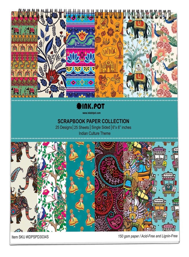 Inkdotpot مجموعة ورق قصاصات Inkdotpot مكونة من 25 ورقة بتصميم آسيوي هندي، مقاس 6x6، ورق قصاصات أحادي الجانب - ورق مقوى ملون، لوازم صنع بطاقات وخلفيات زخرفية يدوية - ورق للمذكرات والحرف اليدوية - Image 1